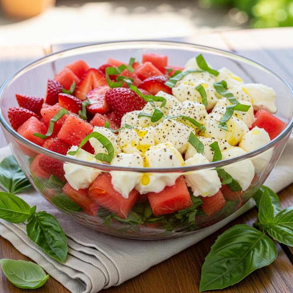 Watermelon Strawberry Caprese Salad