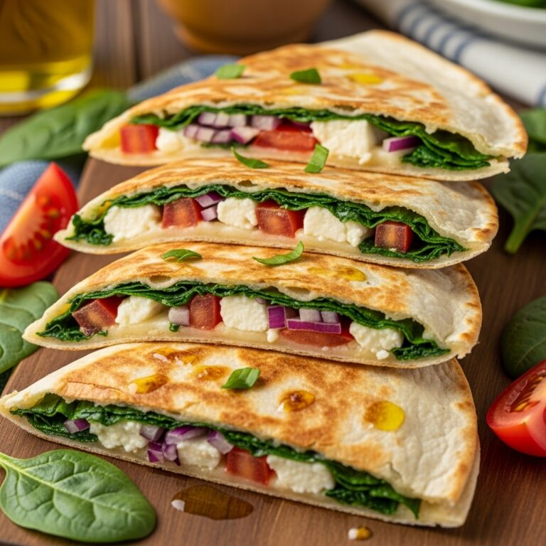 Mediterranean Quesadillas with Spinach Feta Mozzarella and Red Onion